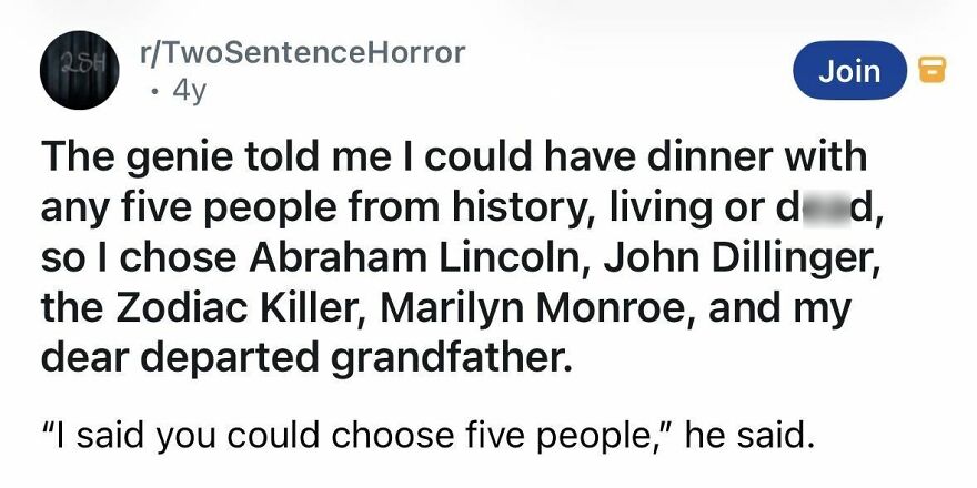 Short spine chilling story about dinner with five historical figures including Abraham Lincoln and Zodiac Killer