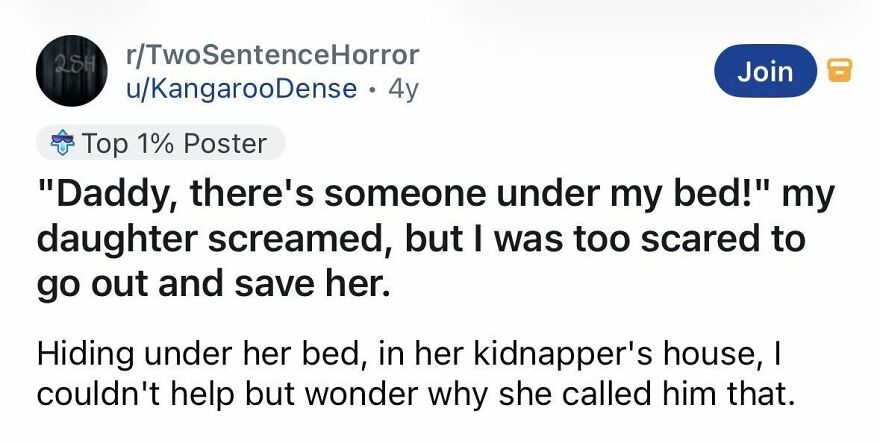 Short spine-chilling story of a kidnapped child hiding under bed and scared father.