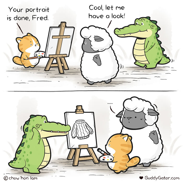 Wholesome comics: an alligator and his friends, a cat painting a sweater portrait of a sheep.