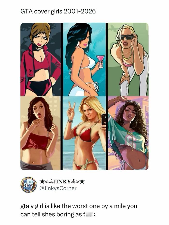 Pop culture post: A collage of GTA cover girls from 2001-2026, for instant good vibes.
