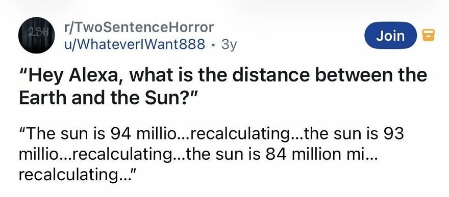 Spine-chilling story about Alexa struggling to answer the Earth and Sun distance question.