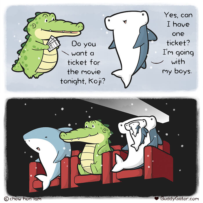 Wholesome comics: an alligator selling a movie ticket to a hammerhead shark and his boys.