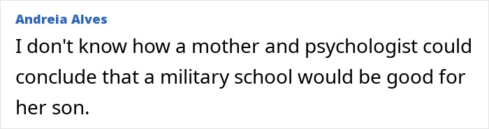 A comment from Andreia Alves questioning a mother's decision for her son, after the mom hid an audio recorder.