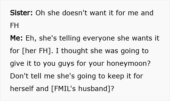 A screenshot showing a conversation about a woman's drunken tantrum over a honeymoon trip with her son.