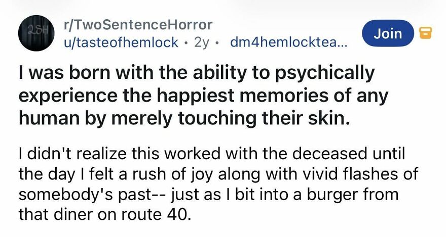 Psychic ability to experience happiest memories by touching skin in short spine-chilling story.