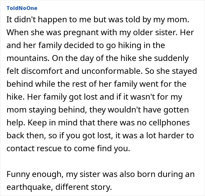 A Reddit post about real-life stories where a gut feeling led to a pregnant woman avoiding a lost hiking group.