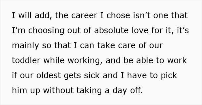 Wife choosing career for toddler care and flexible work during husband involvement issues