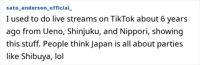 Screenshot of a comment discussing the dark side of Japan, mentioning live streams from Ueno, Shinjuku, and Nippori.