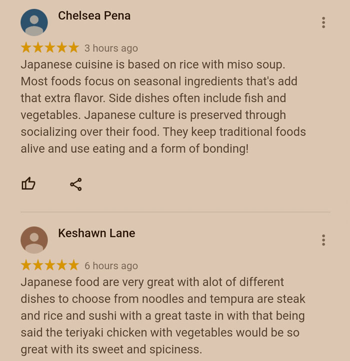 Restaurant scam: fake reviews by Chelsea Pena and Keshawn Lane praising Japanese cuisine.