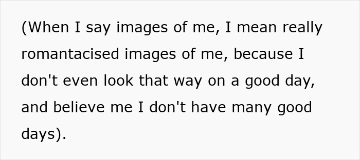 Text about romantacised images of the narrator, part of a husband living a double life.
