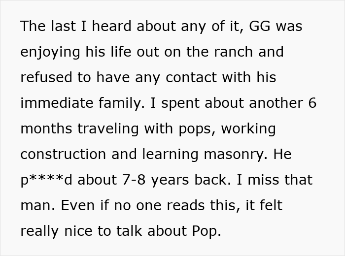 Text describing a relative enjoying life on a ranch after grandma's funeral. Text describing a relative enjoying life on a ranch after grandma's funeral.
