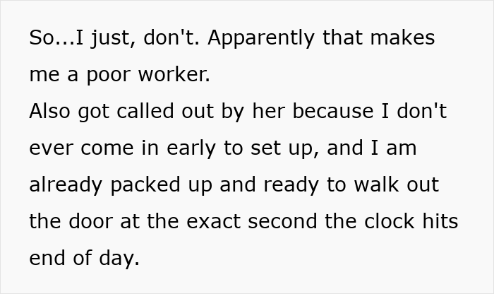Screenshot of text about a coworker being lectured for not working unpaid extra hours by an ableist Karen.