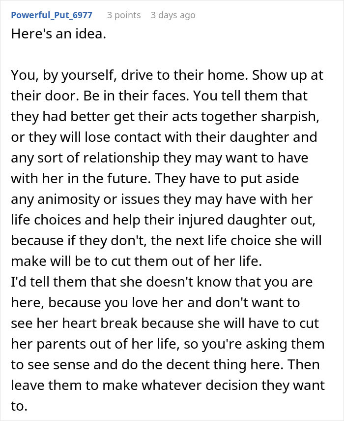 Advice to confront homophobic parents regarding injured girlfriend support