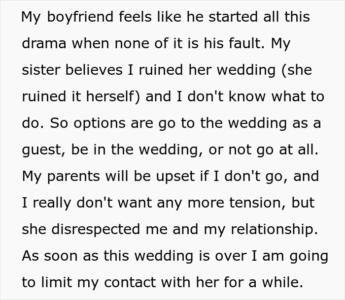Text about boyfriend's feelings and sister's wedding drama Text about boyfriend's feelings and sister's wedding drama