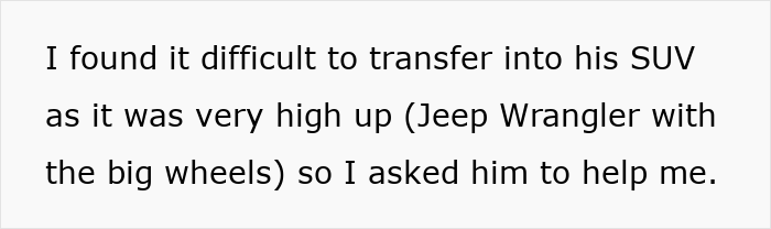 Text excerpt about difficulty transferring into SUV and asking boyfriend for help Text excerpt about difficulty transferring into SUV and asking boyfriend for help