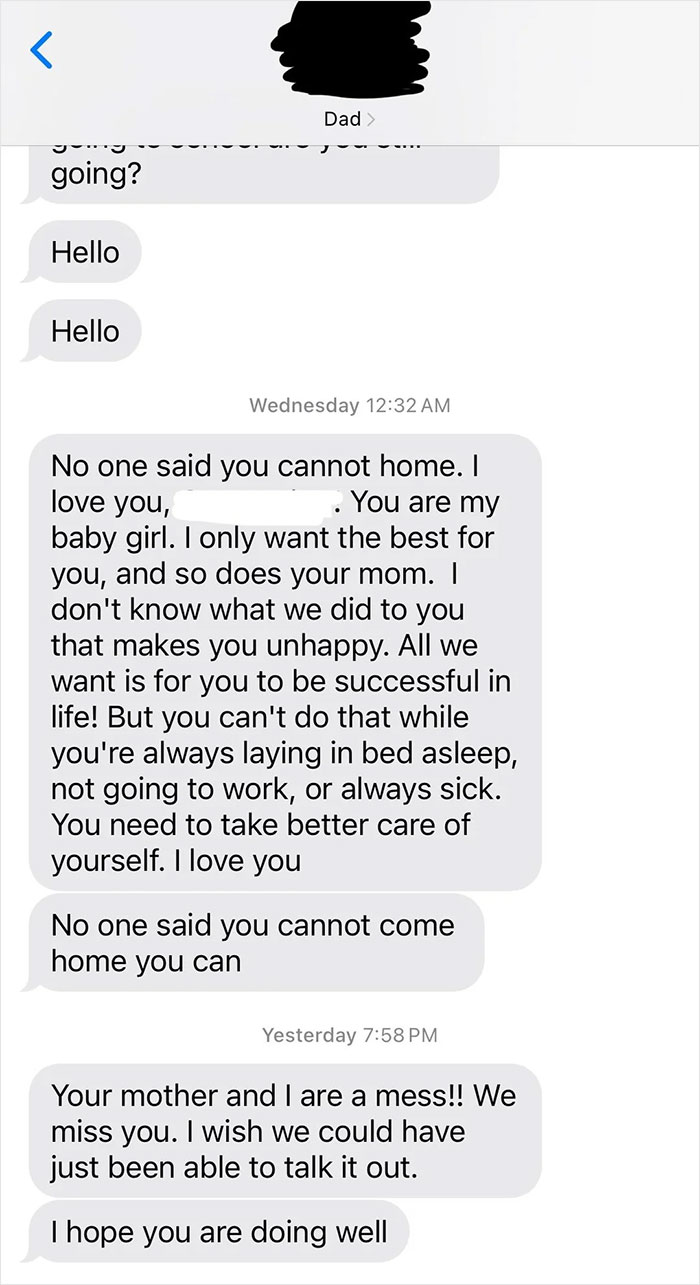 A woman is told to leave home after refusing to follow one rule, as seen in a text message from Dad.