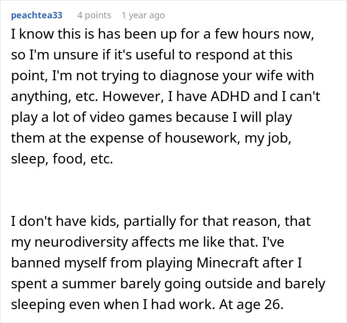 A comment by a user with ADHD explaining how gaming problem can affect their life, relating to the woman's gaming issue.