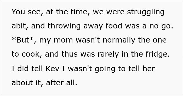 Text snippet about food issue, struggling, and not telling mom about a food problem.