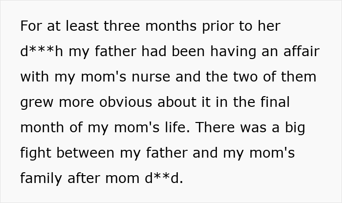 Text describing father's affair with mother's nurse and family fight after mother's d***h Text describing father's affair with mother's nurse and family fight after mother's d***h