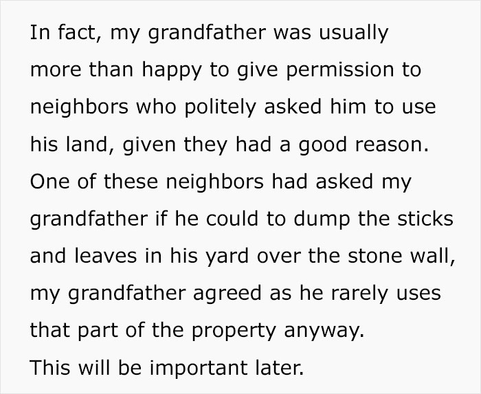 Text about the grandpa's generosity with his land, relevant to the entitled mom's reality check story. Text about the grandpa's generosity with his land, relevant to the entitled mom's reality check story.