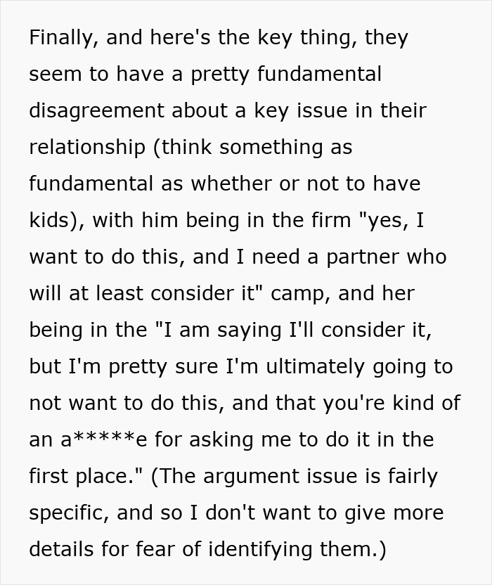 Text about fundamental disagreement in couple's relationship Text about fundamental disagreement in couple's relationship