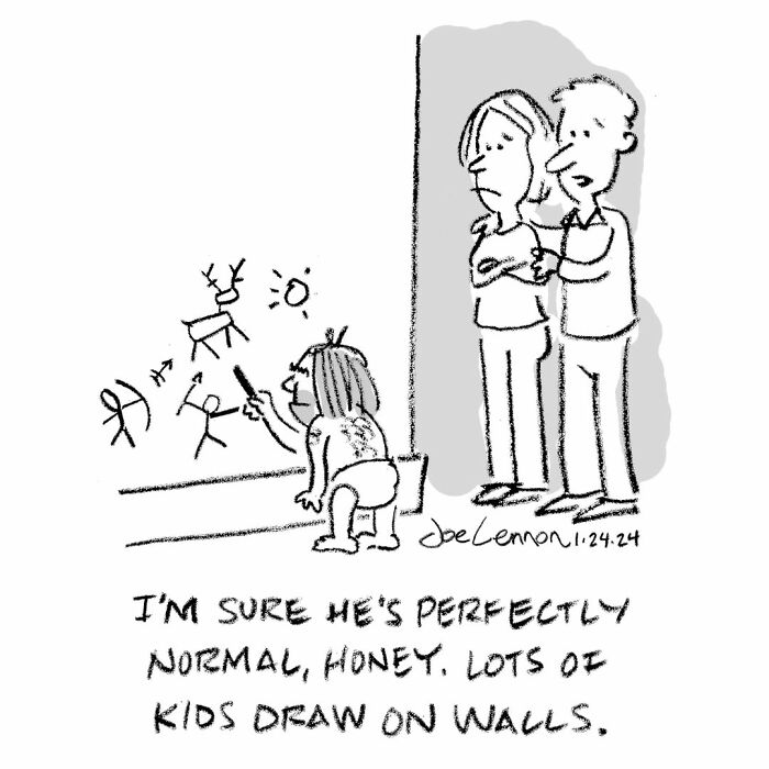 One-panel comic of a child drawing on a wall with concerned parents and main SEO keyword weird moments