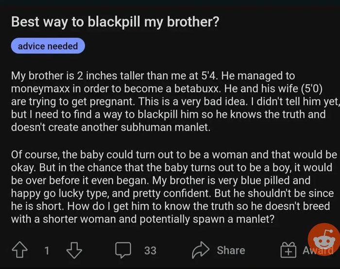 Blackpill advice post about brother and manlets in men's discussions