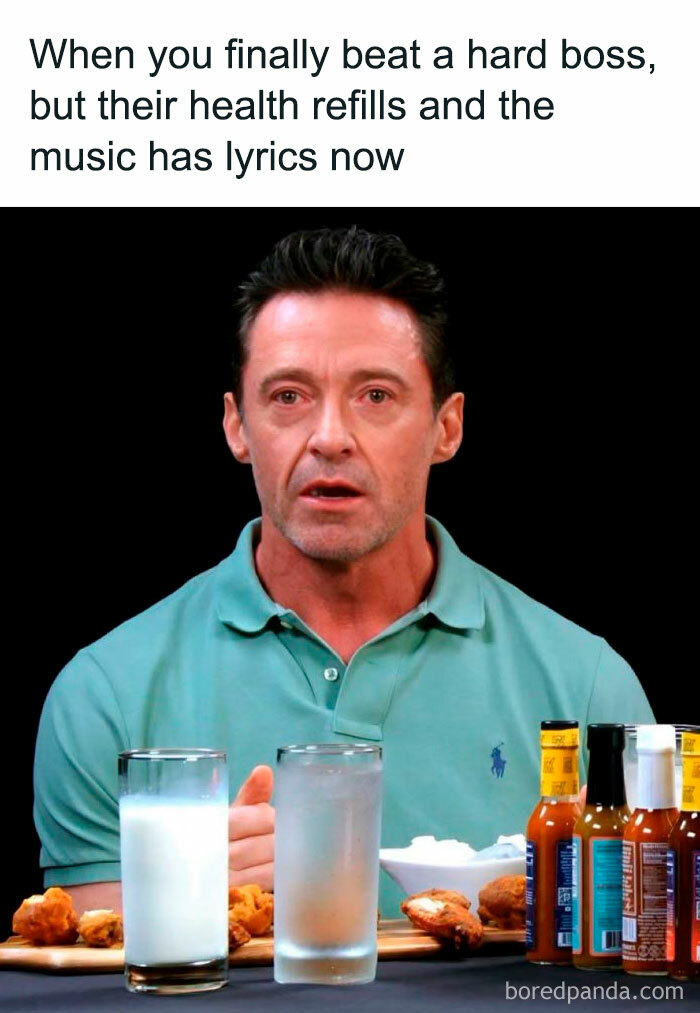 Gaming meme about hard boss fights and music changes with a surprised man