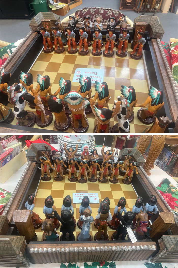 Chess set with carved wooden Native American and cowboy figures