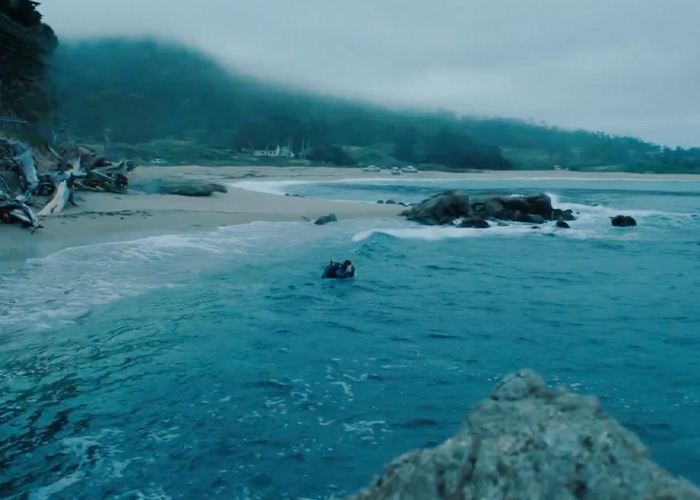 Coastal shot with people in a boat near the shore in Josh Brolin's film Coastal shot with people in a boat near the shore in Josh Brolin's film