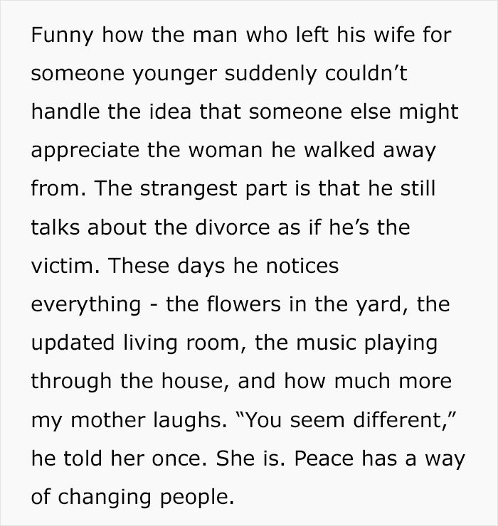 Text describing a man struggling with seeing his thriving ex-wife after divorce regret