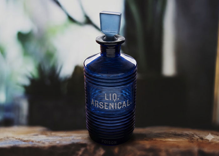Close-up of blue arsenical poison bottle linked to marriage mystery Close-up of blue arsenical poison bottle linked to marriage mystery
