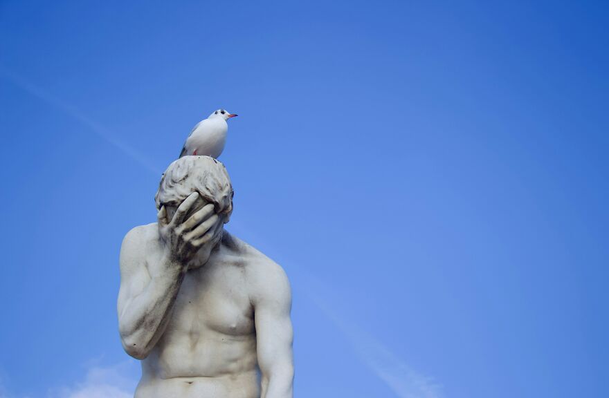 Statue of man covering face with bird perched on his head against blue sky