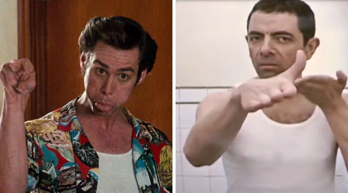Jim Carrey as Ace Ventura and Rowan Atkinson as Mr. Bean in a Popular Fiction and Movies Would You Rather Poll.