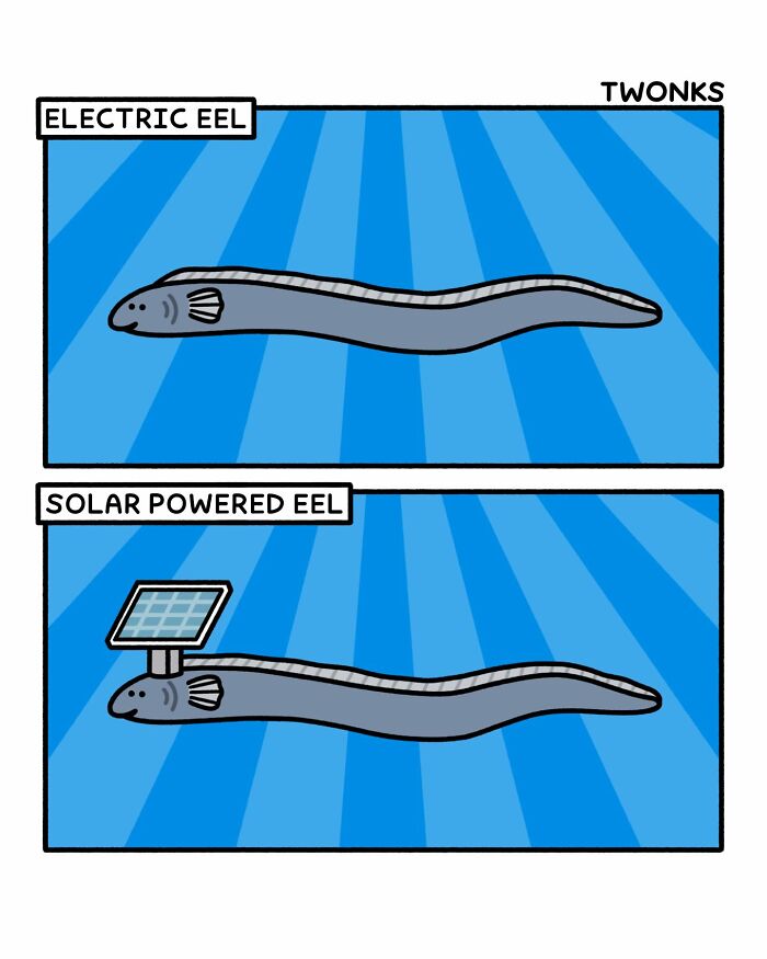 Funny comics by cartoonist Steve Nelson: an electric eel and a solar-powered eel.