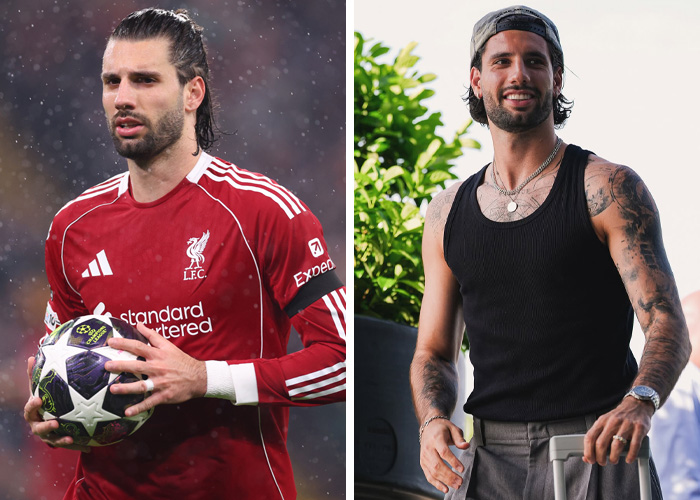 A split image of a World Cup heartthrob, first in a red jersey holding a soccer ball, then in a tank top.