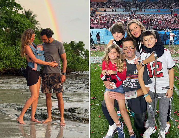 Father's Day 2026 posts: A couple with a baby by the water and a rainbow, and a family with Tom Brady on a football field.