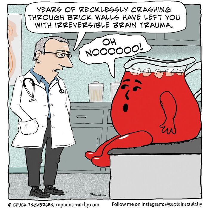 A comic by Captain Scratchy featuring an animal character, Kool-Aid man, at a doctor's office.
