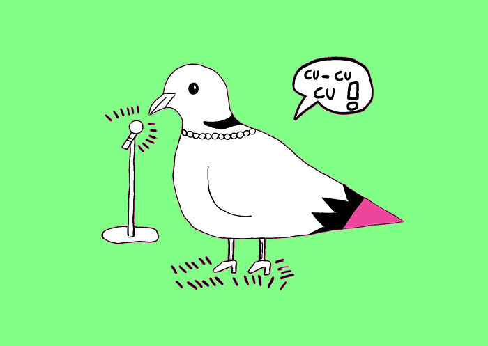 An adorable dove character in a pearl necklace and high heels sings into a microphone, cu-cu-cu.