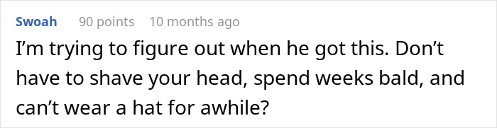 Screenshot of a comment questioning the timing and process of John Cena's hair transplant.