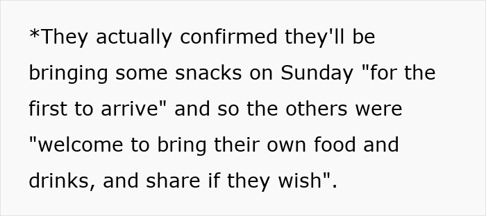 Couple confirms snacks for early arrivals, guests encouraged to bring own food and drinks Couple confirms snacks for early arrivals, guests encouraged to bring own food and drinks