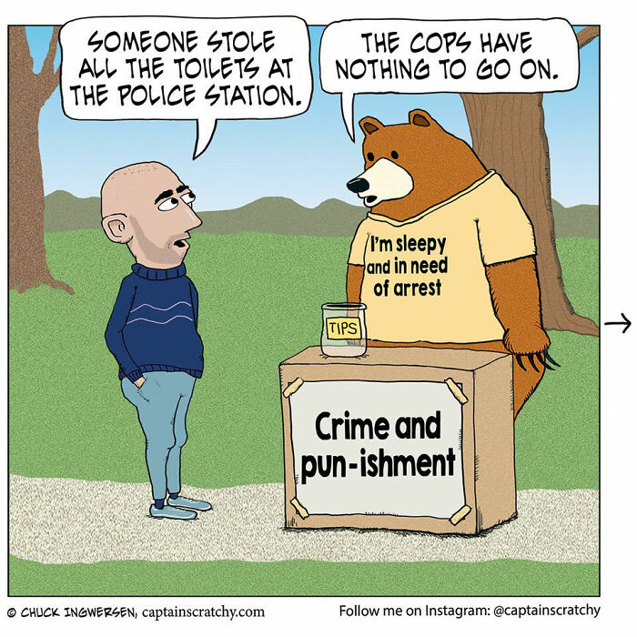 Captain Scratchy comics: A man and a bear with a pun-filled sign, featuring funny animals in a humorous comic.