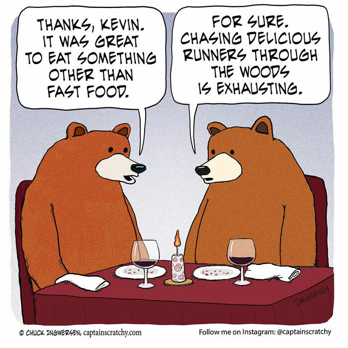 Captain Scratchy comics: Two bears on a date discussing chasing runners, a funny animal situation in a comic.