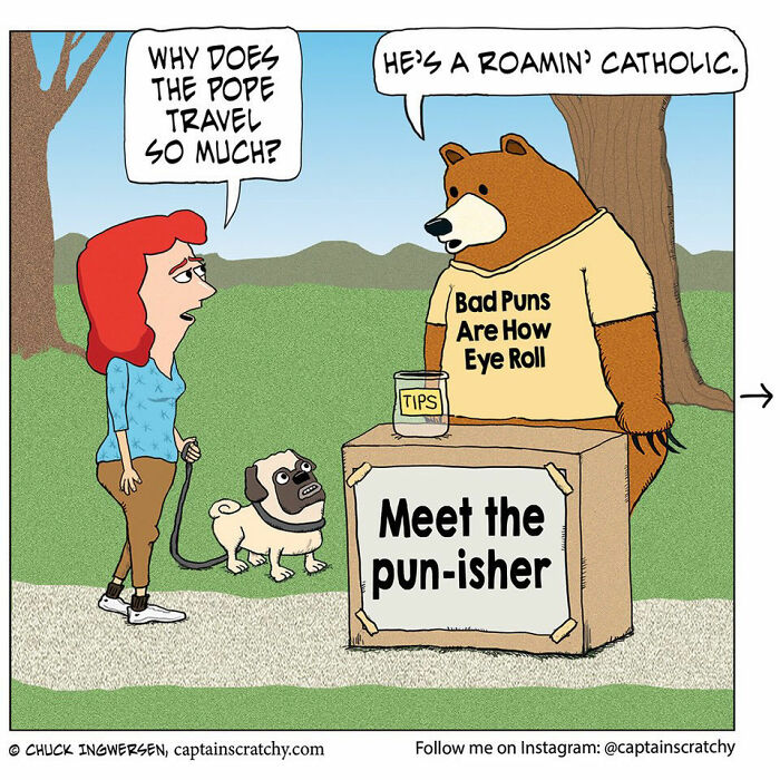 Captain Scratchy comic: a bear making a pun about the Pope to a woman and her dog, showcasing funny animals.