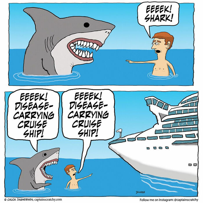 Captain Scratchy comic: a shark and a man both fear a disease-carrying cruise ship in a funny situation.