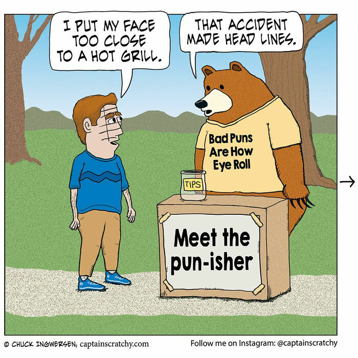 Captain Scratchy comic featuring funny animals, a man and a pun-making bear, discussing a grill accident.