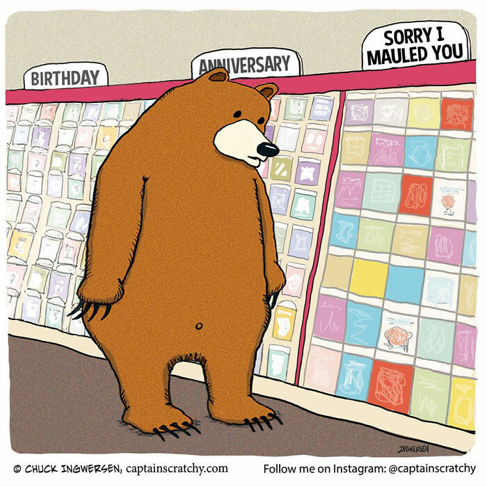 Captain Scratchy comic showing a bear in a card aisle, looking at Sorry I Mauled You cards for funny animals.
