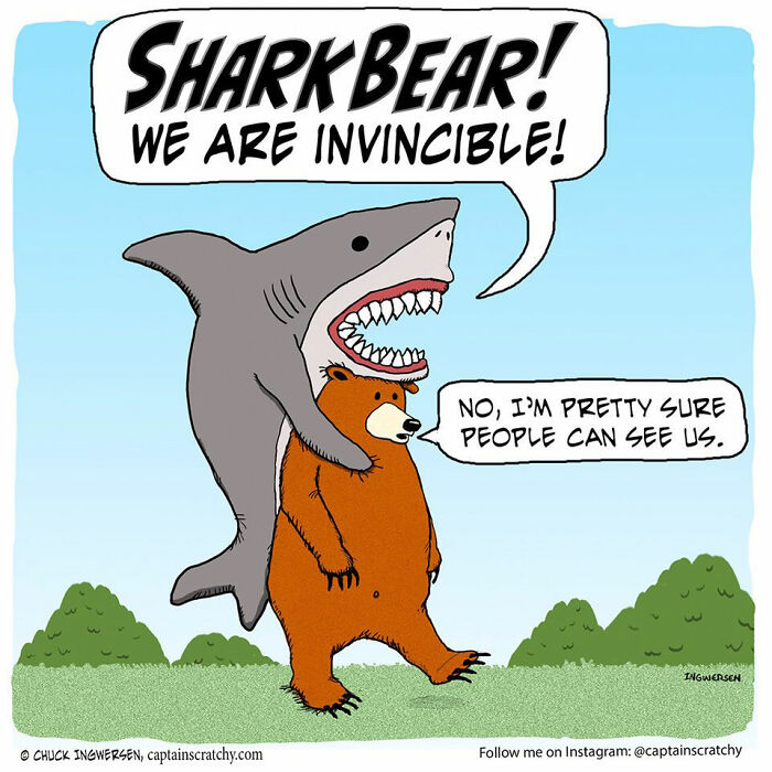 Captain Scratchy comic featuring a shark hugging a bear, both funny animals, claiming to be invincible.
