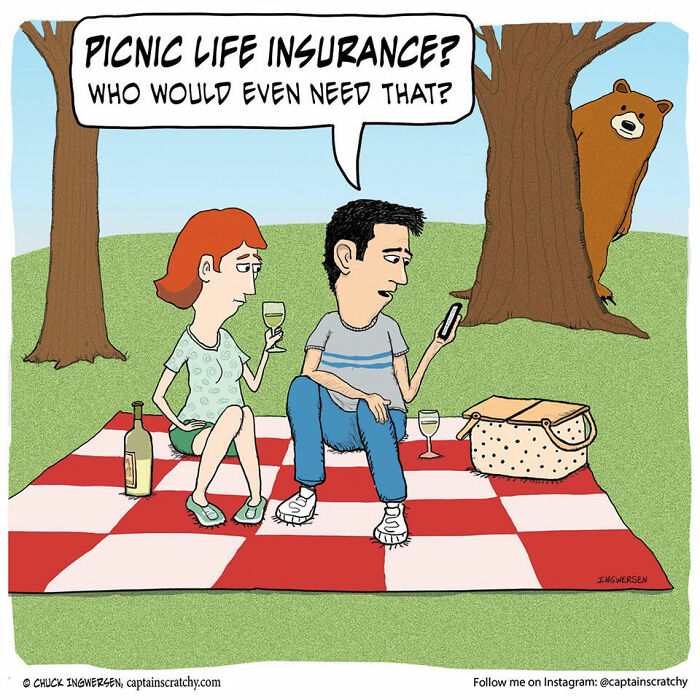 Captain Scratchy comic with a couple on a picnic and a funny animal bear peeking from behind a tree.