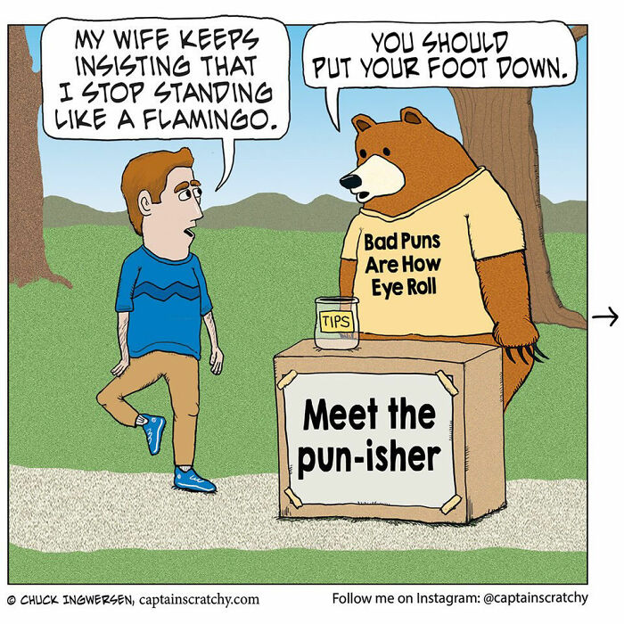 Captain Scratchy comic featuring funny animals, a man and a pun-making bear, with a flamingo stance pun.
